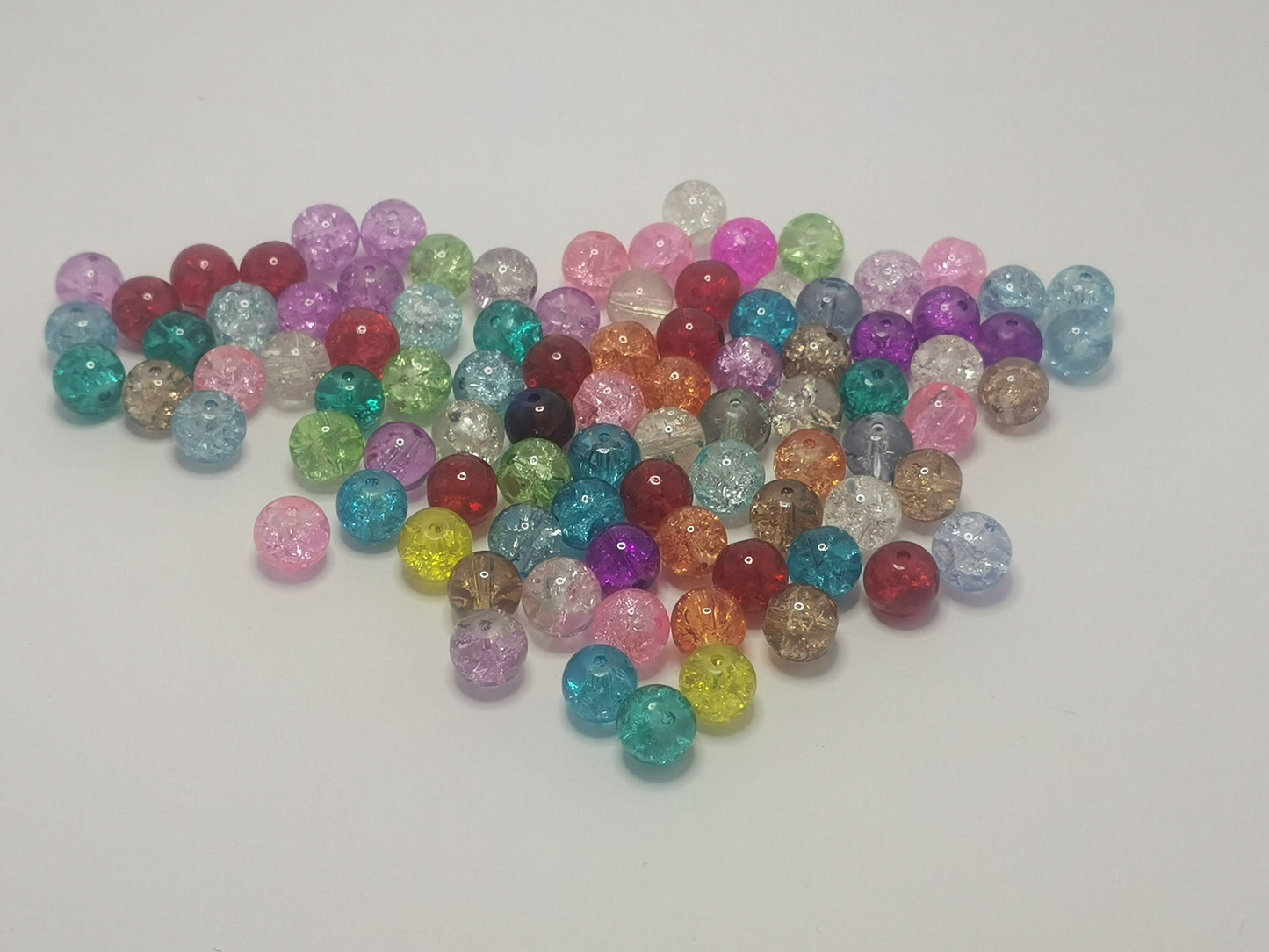 100 crackle glass beads, drilled, transparent, round, mixed colours, red, blue, green, yellow, clear, pink, approximately 8mm