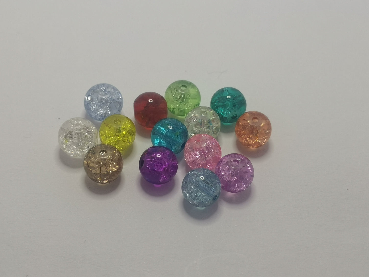 100 crackle glass beads, drilled, transparent, round, mixed colours, red, blue, green, yellow, clear, pink, approximately 8mm