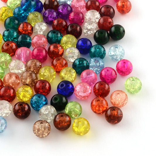 100 crackle glass beads, drilled, transparent, round, mixed colours, red, blue, green, yellow, clear, pink, approximately 8mm