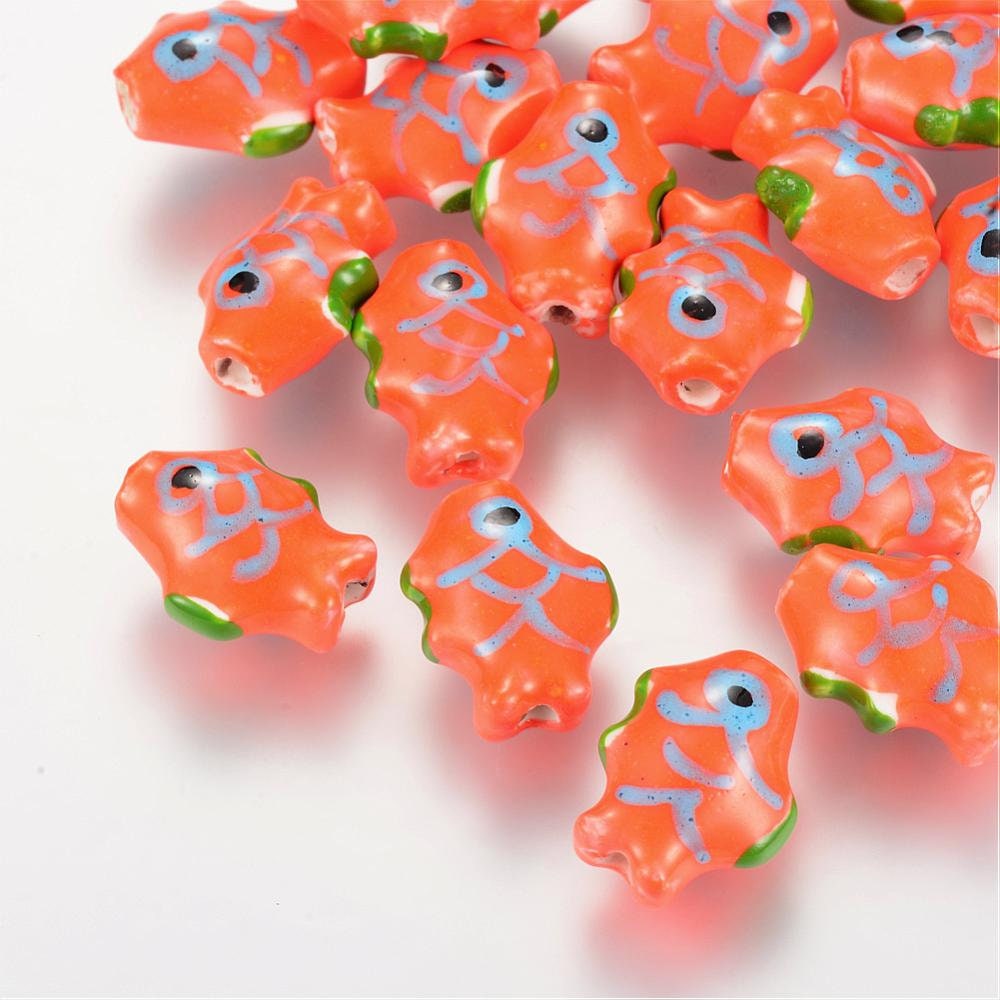 10 x handmade orange fish / goldfish beads, famille rose porcelain, drilled, approximately 15mm x 12mm x 8mm, hole approximately 2mm