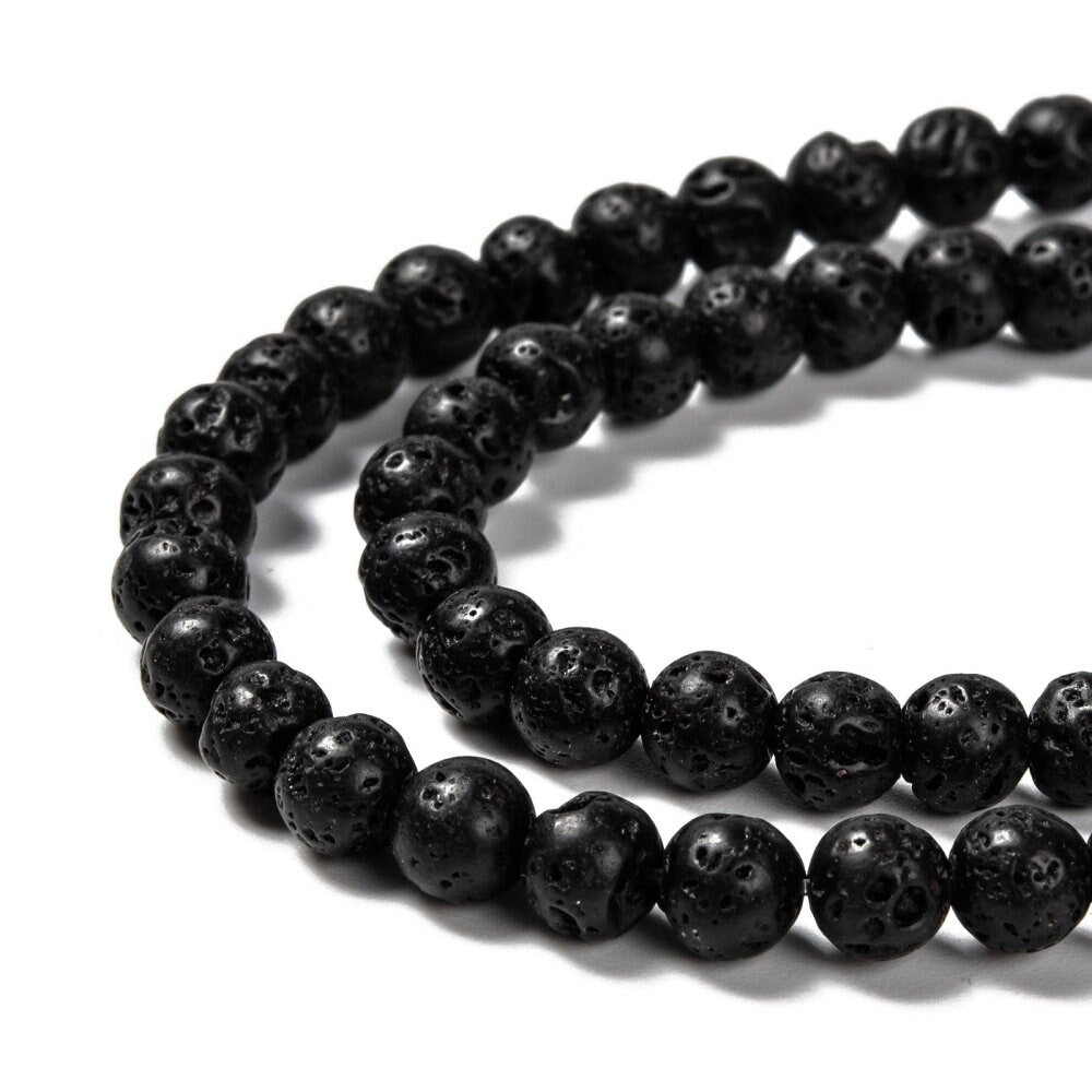 1 x strand of 60 natural undyed black lava rock beads, round, 6mm, hole 1mm