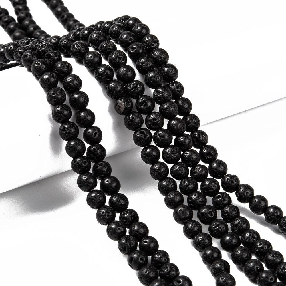 1 x strand of 60 natural undyed black lava rock beads, round, 6mm, hole 1mm