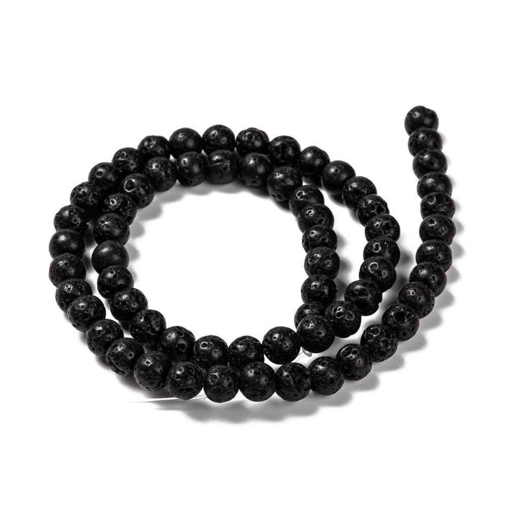 1 x strand of 60 natural undyed black lava rock beads, round, 6mm, hole 1mm