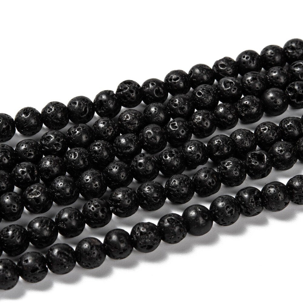 1 x strand of 60 natural undyed black lava rock beads, round, 6mm, hole 1mm