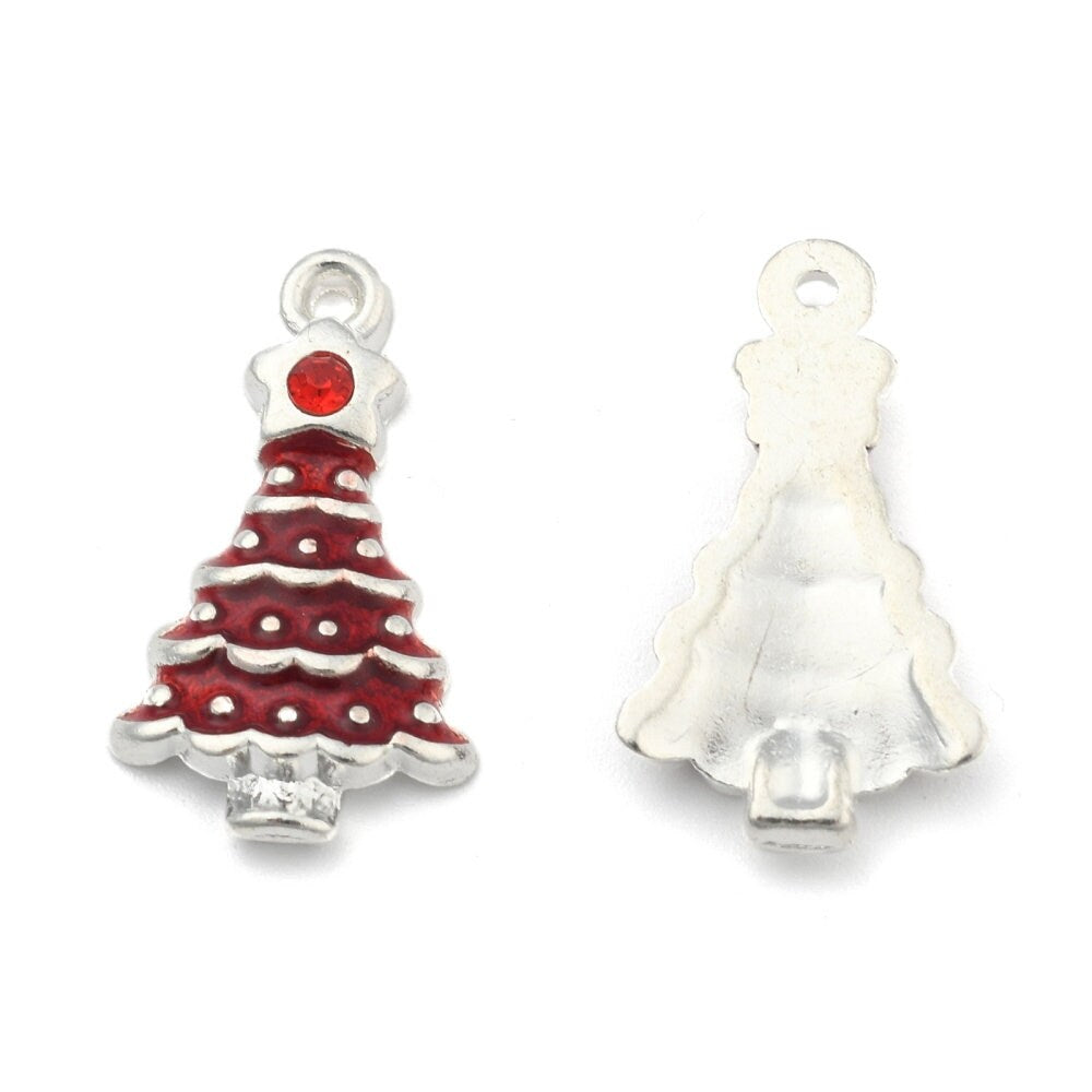 10 x rhinestone & enamel Christmas tree pendants / charms, different colours, rhinestone star, approx 21mm x 12mm x4mm, hole approx 1.5mm