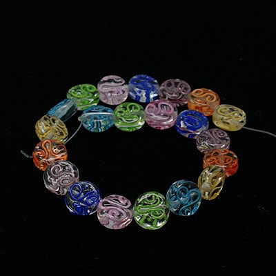 10 handmade round clear flat glass lampwork beads, delicate swirly pattern, pink, pale blue, dark blue, green, orange, 12mm x 6mm, hole 1mm