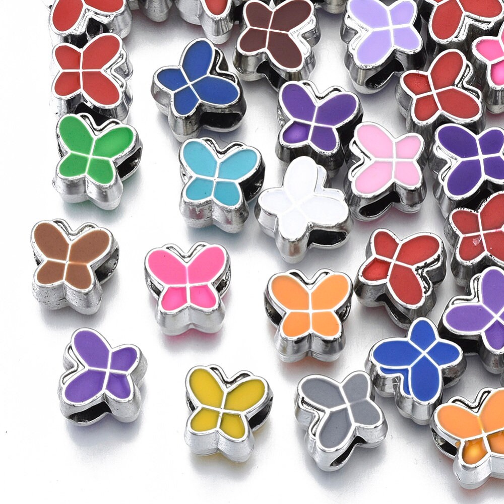 10 x  acrylic butterfly beads, enamel, colourful, large hole, mixed colours, lightweight, silver tone, 10mm x 11mm x 8mm, hole 5mm