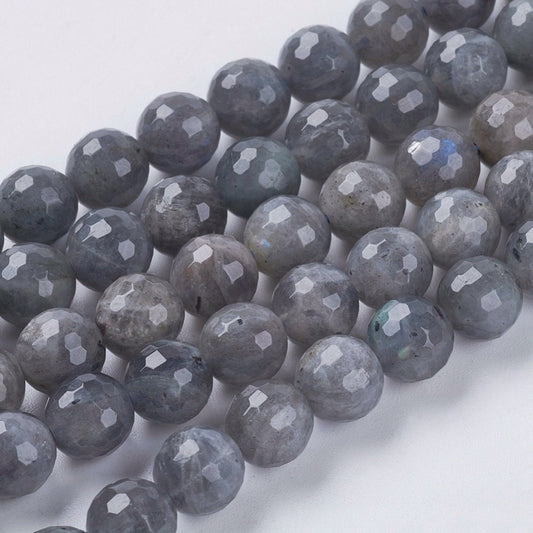 1 x strand (approx 90 beads) natural grey labradorite beads, faceted, round, drilled, approx 4mm diameter, hole - 1mm