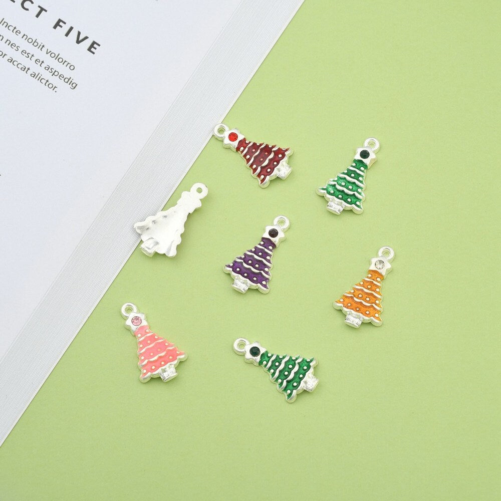 10 x rhinestone & enamel Christmas tree pendants / charms, different colours, rhinestone star, approx 21mm x 12mm x4mm, hole approx 1.5mm