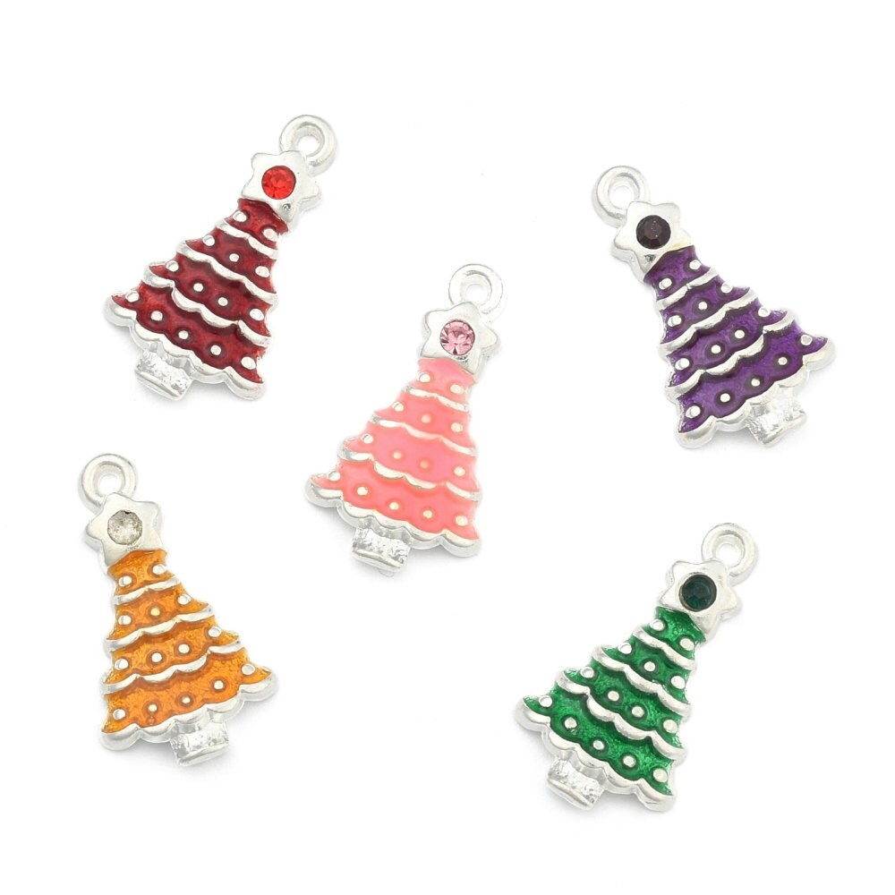 10 x rhinestone & enamel Christmas tree pendants / charms, different colours, rhinestone star, approx 21mm x 12mm x4mm, hole approx 1.5mm