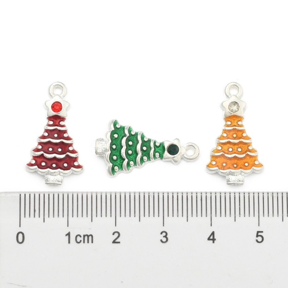 10 x rhinestone & enamel Christmas tree pendants / charms, different colours, rhinestone star, approx 21mm x 12mm x4mm, hole approx 1.5mm