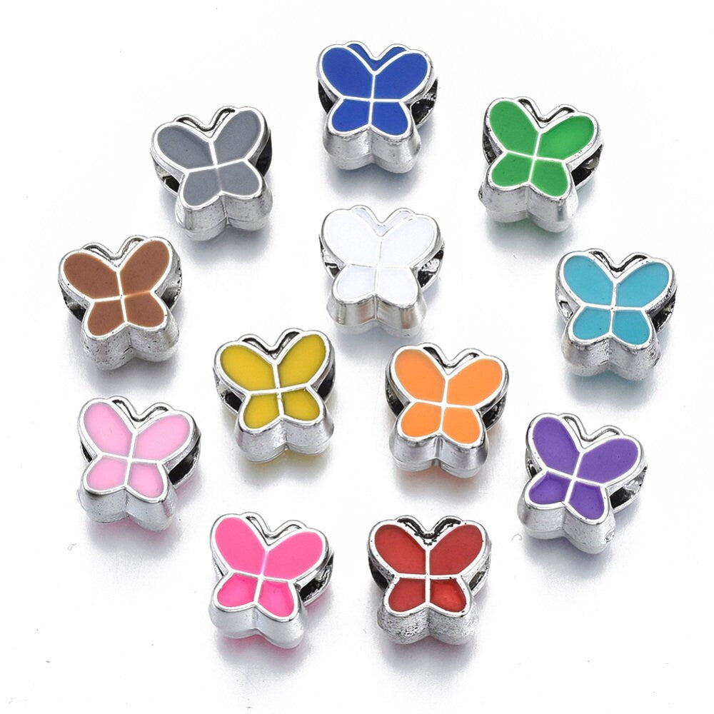 10 x  acrylic butterfly beads, enamel, colourful, large hole, mixed colours, lightweight, silver tone, 10mm x 11mm x 8mm, hole 5mm